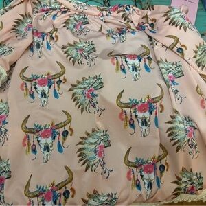 Boho Pink Bull Skull and Feather Print Top